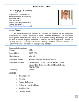Curriculum Vitae Dr. Halapagol Pruthviraj