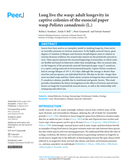 Adult Longevity in Captive Colonies of the Eusocial Paper Wasp Polistes Canadensis (L.)