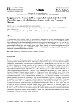 Reappraisal of the Javanese Bullfrog Complex, Kaloula Baleata (Müller, 1836) (Amphibia: Anura: Microhylidae), Reveals a New Species from Peninsular Malaysia