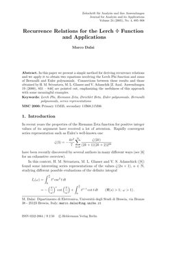 Recurrence Relations for the Lerch Φ Function and Applications