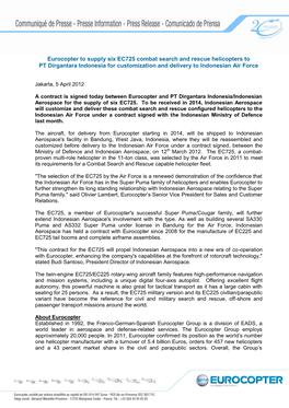 Eurocopter to Supply Six EC725 Combat Search and Rescue Helicopters to PT Dirgantara Indonesia for Customization and Delivery to Indonesian Air Force