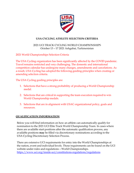 USA CYCLING ATHLETE SELECTION CRITERIA 2021 UCI TRACK CYCLING WORLD CHAMPIONSHIPS October 13 – 17 2021 Ashgabat, Turkmenistan