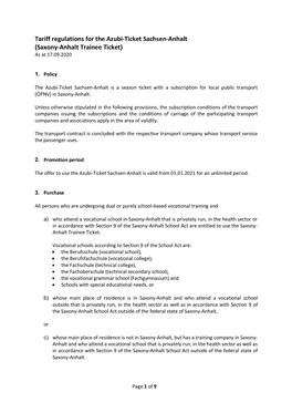 Tariff Regulations for the Azubi-Ticket Sachsen-Anhalt (Saxony-Anhalt Trainee Ticket) As at 17.09.2020