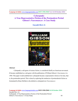 Cyberpunk: a True Representative Fiction of the Postmodern Period Gibson’S Neuromancer: a Case Study