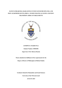 Elite Patriarchal Bargaining in Post-Genocide Rwanda and Post-Apartheid South Africa: Women Political Elites and Post- Transition African Parliaments