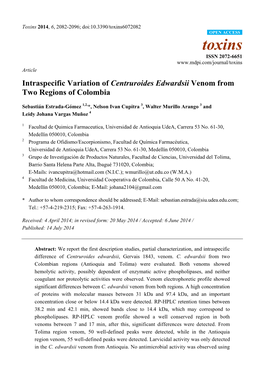 Intraspecific Variation of Centruroides Edwardsii Venom from Two Regions of Colombia