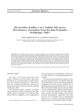 Plectranthias Lamillai, a New Anthiine Fish Species (Perciformes, Serranidae) from the Juan Fernández Archipelago, Chile*