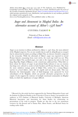 Anger and Atonement in Mughal India: an Alternative Account of Akbar’S  Hunt*