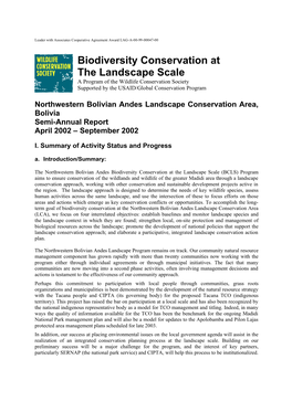 Biodiversity Conservation at the Landscape Scale a Program of the Wildlife Conservation Society Supported by the USAID/Global Conservation Program