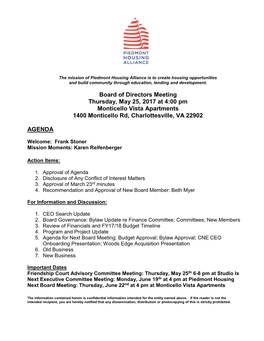 Board of Directors Meeting Thursday, May 25, 2017 at 4:00 Pm Monticello Vista Apartments 1400 Monticello Rd, Charlottesville, VA 22902