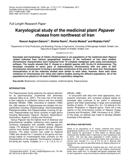 Karyological Study of the Medicinal Plant Papaver Rhoeas from Northwest of Iran