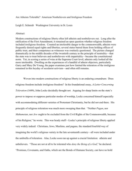 Are Atheists Tolerable? American Nonbelievers and Irreligious Freedom Leigh E. Schmidt Washington University in St. Louis A