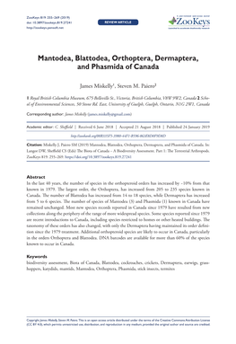 Mantodea, Blattodea, Orthoptera, Dermaptera, and Phasmida of Canada