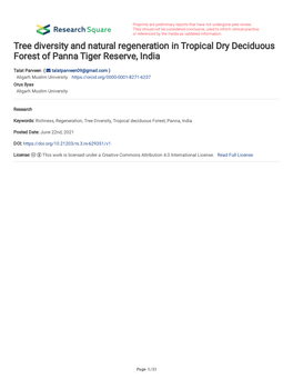 Tree Diversity and Natural Regeneration in Tropical Dry Deciduous Forest of Panna Tiger Reserve, India