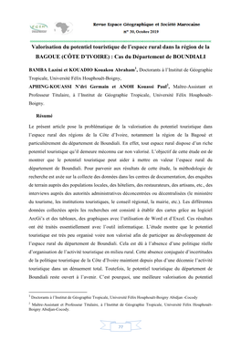 Valorisation Du Potentiel Touristique De L’Espace Rural Dans La Région De La BAGOUE (CÔTE D’IVOIRE) : Cas Du Département De BOUNDIALI