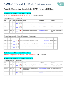 SAMLN19 Schedule Week 6 Feb 11-16 Revised 2-8-19