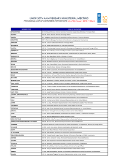 UNDP 50TH ANNIVERSARY MINISTERIAL MEETING PROVISIONAL LIST of CONFIRMED PARTICIPANTS (As of 24 February 2016-11:00Am)