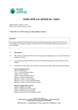 NYSE LIFFE U.S. NOTICE No. 1/2014