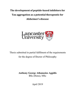 The Development of Peptide-Based Inhibitors for Tau Aggregation As a Potential Therapeutic for Alzheimer’S Disease