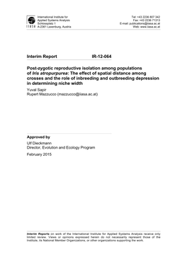 Interim Report IR-12-064 Post-Zygotic Reproductive Isolation Among Populations of Iris Atropurpurea