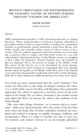 “Between Orientalism and Postmodernism: the Changing Nature of Western Feminist Thought Towards the Middle East”