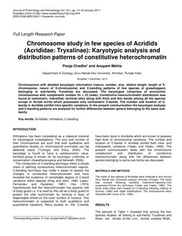 Chromosome Study in Few Species of Acridids (Acrididae: Tryxalinae): Karyotypic Analysis and Distribution Patterns of Constitutive Heterochromatin