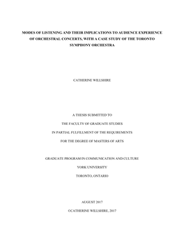 Modes of Listening and Their Implications to Audience Experience of Orchestral Concerts, with a Case Study of the Toronto Symphony Orchestra