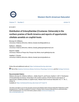 Crustacea: Ostracoda) in the Northern Prairies of North America and Reports of Opportunistic Clitellate Annelids on Crayfish Hosts