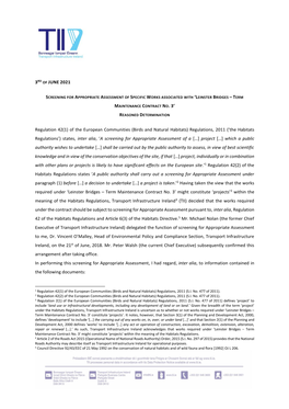 3RD of JUNE 2021 Regulation 42(1) of the European Communities (Birds and Natural Habitats) Regulations, 2011 ('The Habitats Re