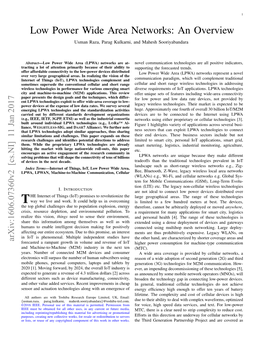 Low Power Wide Area Networks: an Overview Usman Raza, Parag Kulkarni, and Mahesh Sooriyabandara