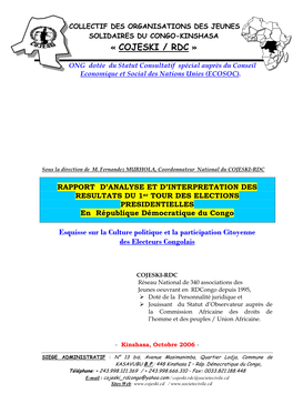 Rapport D'analyse Et D'interprétation Des Résultats Du 1Er Tour Des Élections Présidentielles En RDC, Octobre