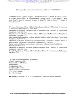 Erythrocytes Reveal Complement Activation in Patients with COVID-19 LK Metthew Lam1,2, Sophia J. Murphy1, Leticia Kuri-Cervantes