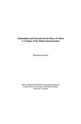 Nationalism and Secession in the Horn of Africa a Critique of the Ethnie Interpretation