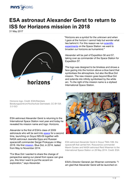ESA Astronaut Alexander Gerst to Return to ISS for Horizons Mission in 2018 31 May 2017