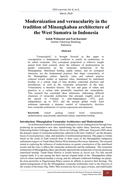 Modernization and Vernacularity in the Tradition of Minangkabau Architecture of the West Sumatra in Indonesia