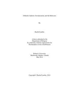 Orthodox Judaism, Secularization, and the Holocaust by Rachel Lambie a Thesis Submitted to the Department of Religion in Conform