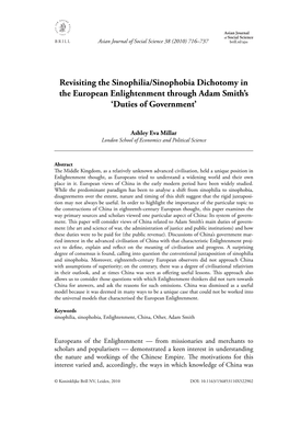 Revisiting the Sinophilia/Sinophobia Dichotomy in the European Enlightenment Through Adam Smith’S ‘Duties of Government’
