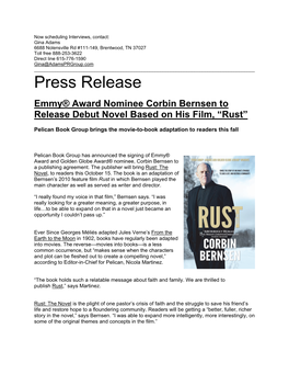 Press Release Emmy® Award Nominee Corbin Bernsen to Release Debut Novel Based on His Film, “Rust”