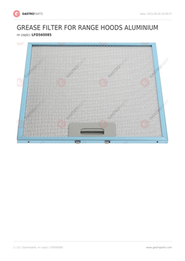 GREASE FILTER for RANGE HOODS ALUMINIUM Nr Części: LFD560085