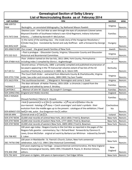 Genealogical Section of Selby Library List of Noncirculating Books As Of