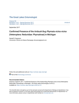 Confirmed Presence of the Ambush Bug Phymata Vicina Vicina (Heteroptera: Reduviidae: Phymatinae) in Michigan