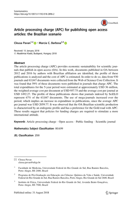 Article Processing Charge (APC) for Publishing Open Access Articles: the Brazilian Scenario