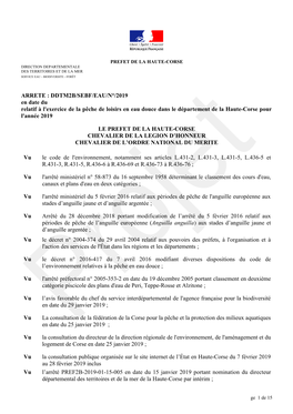 DDTM2B/SEBF/EAU/N°/2019 En Date Du Relatif À L'exercice De La Pêche De Loisirs En Eau Douce Dans Le Département De La Haute-Corse Pour L'année 2019