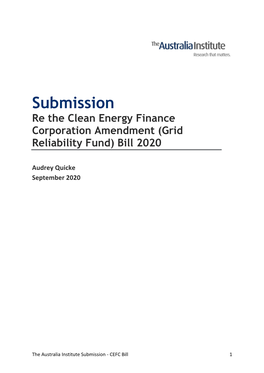 Submission Re the Clean Energy Finance Corporation Amendment (Grid Reliability Fund) Bill 2020