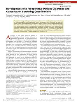 Development of a Preoperative Patient Clearance and Consultation Screening Questionnaire