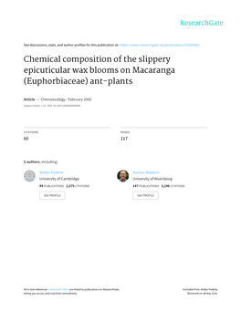 Chemical Composition of the Slippery Epicuticular Wax Blooms on Macaranga (Euphorbiaceae) Ant-Plants