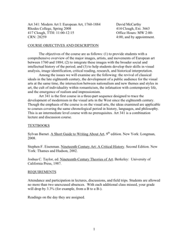 Art 341: Modern Art I: European Art, 1760-1884 David Mccarthy Rhodes College, Spring 2008 414 Clough, Ext