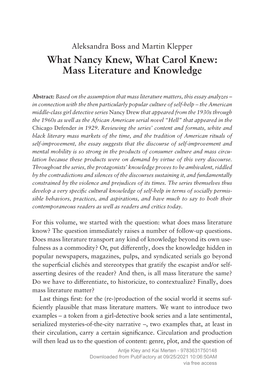 What Nancy Knew, What Carol Knew: Mass Literature and Knowledge