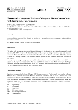 First Record of Ancyronyx Erichson (Coleoptera: Elmidae) from China, with Description of a New Species