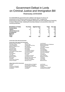 Government Defeat in Lords on Criminal Justice and Immigration Bill Wednesday 23/04/2008